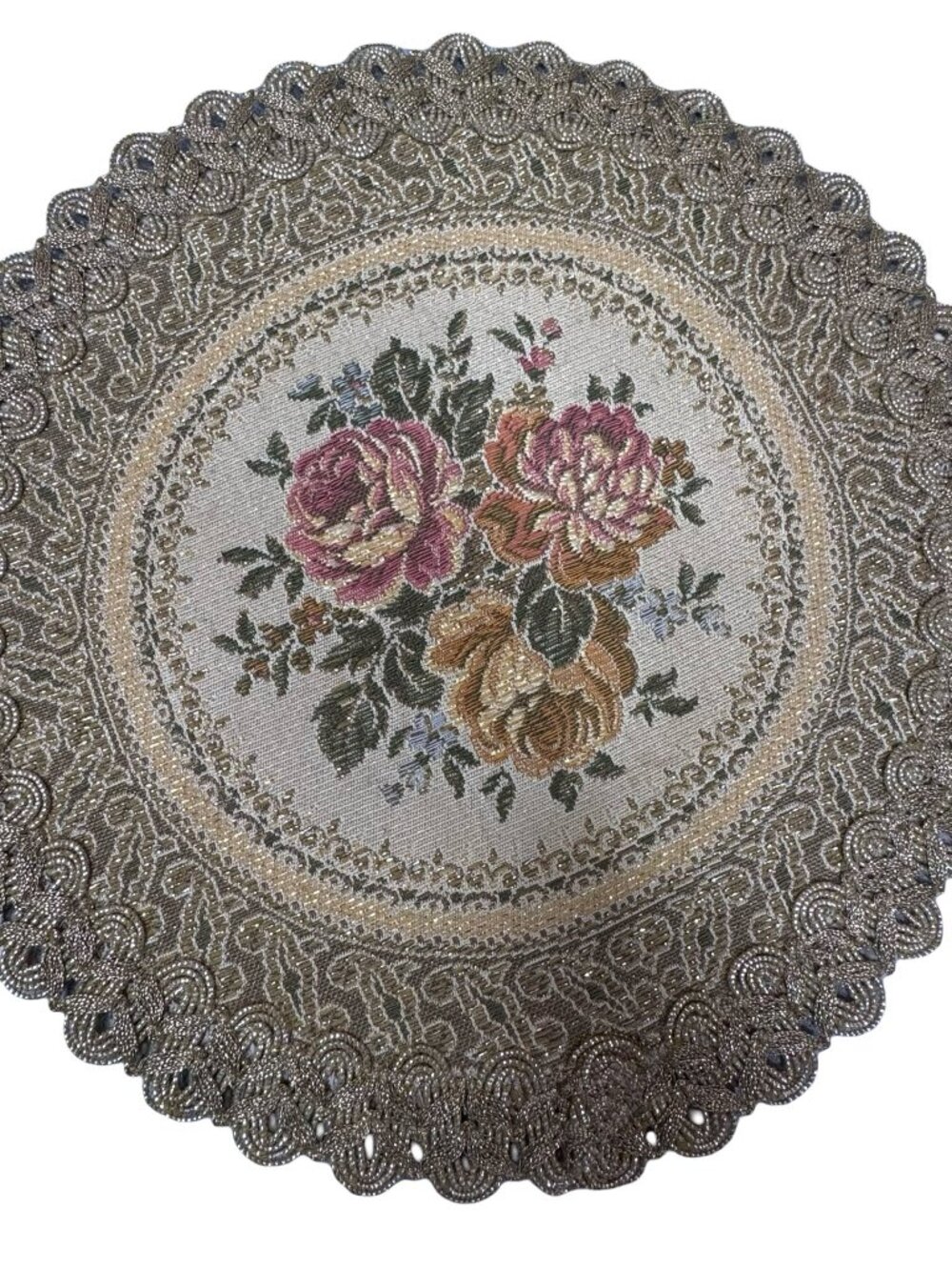 Round Floral Lace Edge Decorative Tapestry Doll Rug Gold Accents - 13.5" Vintage